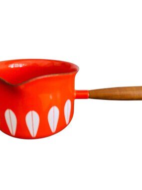 Cathrineholm Lotus Saucepan Orange Enamel Pot w/ Wood Handle Mid Century Norway